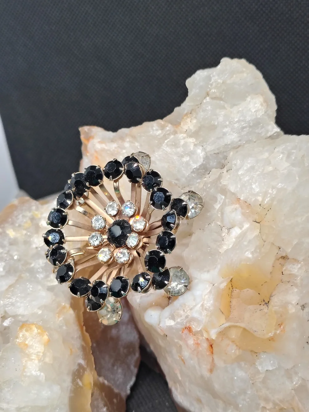 Vintage Sunburst Black and Gold Rhinestone Brooch - Unbranded